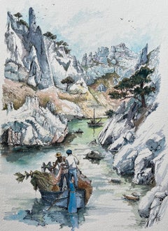 Marseille Watercolor of Calanques with Fishermen & Limestone Cliffs