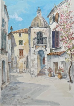 Provence Watercolor of Sunlit Village with Bougainvillea & Historic Dome