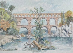 Provence Watercolor of Pont du Gard Roman Aqueduct & River Scene