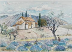 Provence Watercolor of Lavender Fields & Rustic Chapel in Countryside