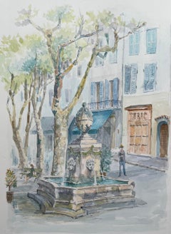 Provence Watercolor of Village Fountain & Shaded Town Square