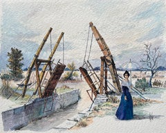 Provence Watercolor of Van Gogh’s Langlois Bridge & Elegant Lady with Parasol