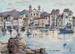 Corsica Watercolor of Vieux Port Bastia with Boats & Colorful Facades