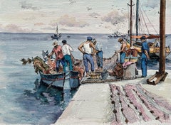 Mediterranean Watercolor of Fishermen Returning with Boats and Nets