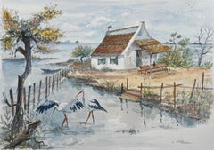 Camargue Watercolor of Thatched Cottage with Storks and Marshland