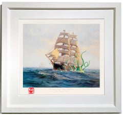 Sailing in the Golden Glow of Early Morning with Kraken - Embellished Print