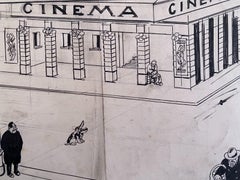 The Cinema - Encre de Chine originale de Gabriele Galantara - Début du XXe siècle