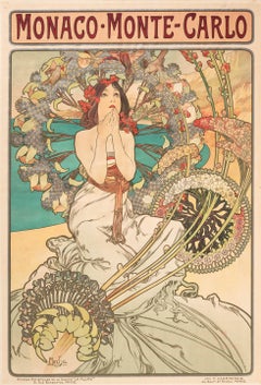 Original Antique Travel Poster Monaco Monte Carlo Alphonse Mucha Art Nouveau