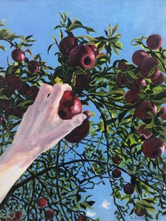 Apple Picking - Contemporary Landscape Red Fruit Green Tree Blue Sky Fall, 2023