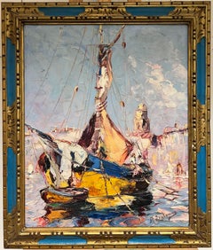 Barche da pesca nel porto del Mediterraneo firmato Antique French Impressionist Oil 