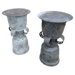 Antique Balinese Hammered Bronze Rain Drum Garden Stool/Plant Stand - Set Of 2