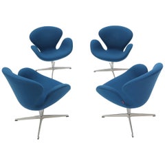 Set of Four Blue Boiled Wood Upholstery Swan Chairs Arne Jacobsen Fritz Hansen