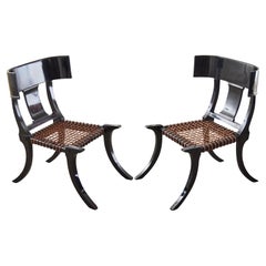 Pair of Ebonized Leather Rope Klismos Chairs After Robsjohn-Gibbings