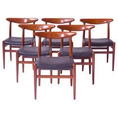 Vintage Set of Six Signed Hans J. Wegner "W2" Chairs in Teak & Vinyl, 1950s