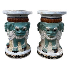 Mid-Century 3 Face Foo Dog Garden Stools- A Pair 