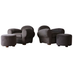 Superb Pair of Club Chairs with Ottomans, Upholstered in Pure Alpaca