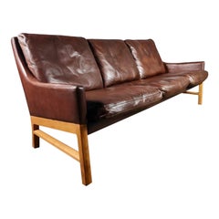 Erik Ole Jørgensen Model 224 Brown Leather Oak Three Seater Sofa Danish