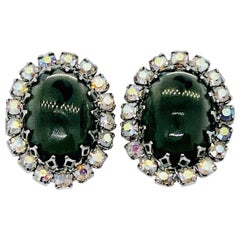 Regal Greenish Grey Oval Dome Cabochon, Aurora Borealis Halo Clip Earrings 