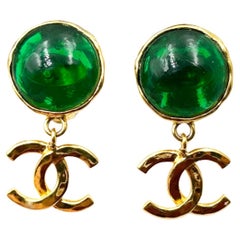 Chanel Vintage Gold Plated Green Stone CC Dangle Clip on Earrings 