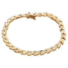 14K Yellow Gold Leaf Motif Stacking 7.5" Bracelet Etched Reflective Accents