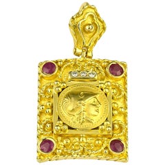 Georgios Collections 18 Karat Yellow Gold Diamond Ruby Coin Pendant of Athena