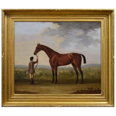 Portrait à l'huile du 18e siècle représentant un cheval de course et son écusson 