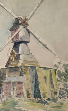 Aquarelle française vintage - Moulin à vent