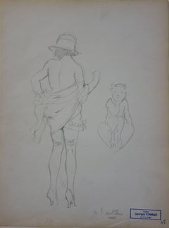 Femme nue face à un petit diable - dessin au crayon, vers 1914