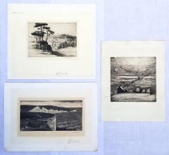 Set of Three Etchings by Bertram Buchanan /// English Modern Land City Sky Scape