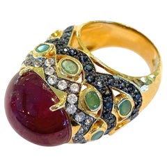 Bochic “Capri” Ruby, Sapphire & Emerald Cocktail Ring Set In 18K Gold & Silver 