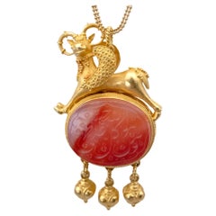 Byzantine-Style 22k Gold Pendant with Winged Goat and Engraved Carnelian