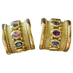 Byzantine Style Solid 18 K Yellow Gold Fancy Sapphire Earclips