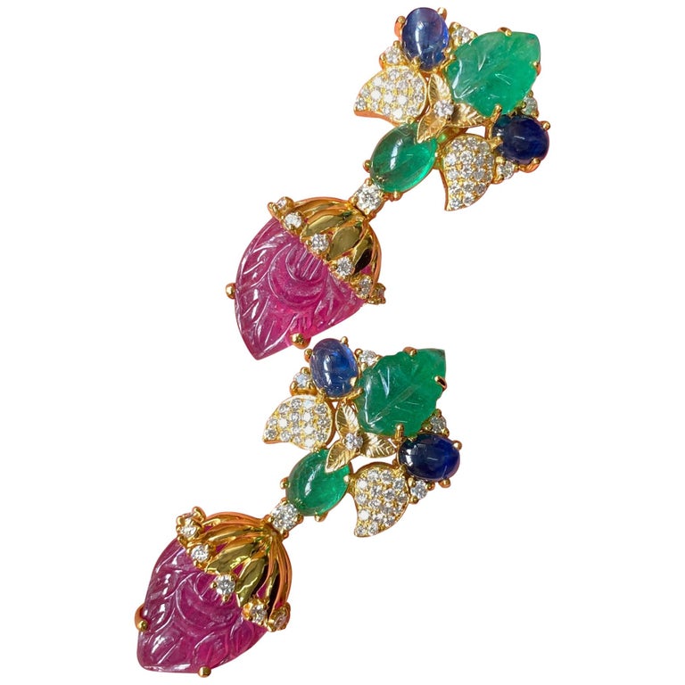 Emerald, ruby, sapphire, diamond and yellow gold earrings, new