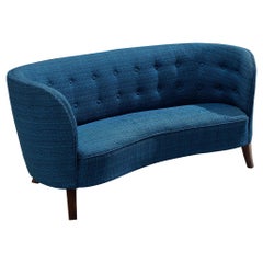 Danish Banana Sofa in Bright Blue Tufted Upholstery