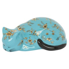 Decorative Ceramic Cat Bitossi Fiorato, Gold Flowers on Turquoise