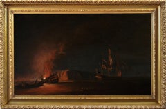 18th Century marine oil painting of a ship on fire