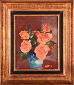 Rose rosse - Pittura a olio su natura morta post impressionista francese della metà del XX secolo