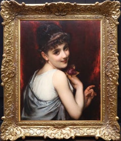 Young Belle Epoque Beauty 19th Century Oil Painting Portrait French Flower Girl 