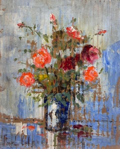 Impressionista francese Rose rosse vibranti in un vaso blu rustico Natura morta 