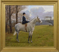 Sporting animal oil painting of woman on a grey horse