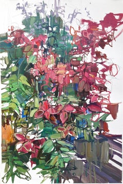 Red Flowers - Contemporary Abstract Botanical Red Flowers Green Leaves, 2014