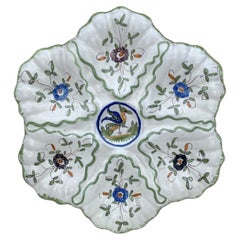 French Faience Oyster Plate with Bird Moustiers Style Circa 1940