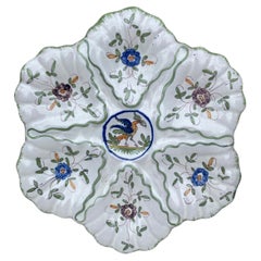 French Faience Oyster Plate with Bird Moustiers Style Circa 1940