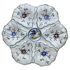 French Faience Oyster Plate with Bird Moustiers Style Circa 1940