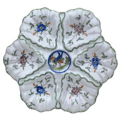 French Faience Oyster Plate with Bird Moustiers Style Circa 1940