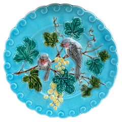 French Majolica Bird and Grapes Plate Sarreguemines, circa 1880