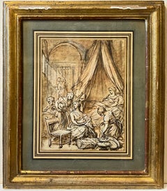 Dessin à l'encre de maître du 18e siècle, Rococo français Scène de la Nativité