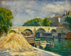 Ancienne banquette de pêche à l'huile impressionniste française Hay Barge à Paris Pont Saint-Marie