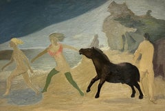 Pittura ad olio modernista francese della metà del secolo scorso Figure sulla spiaggia con cavallo