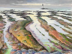 Pittura a olio francese Bassa marea con costa rocciosa e faro lontano 